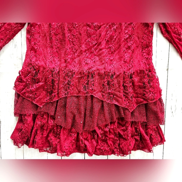Indigo Soul Burgundy Wine Lace Sequin Flowy Tiered Layered Ruffle Longsleeve Top - Picture 8 of 14